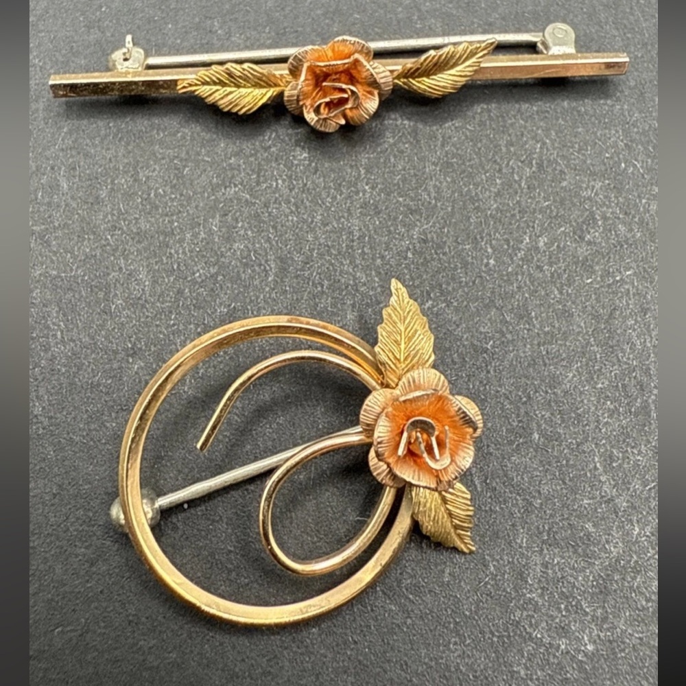 Vintage Gold and Orange Rose Brooch Set